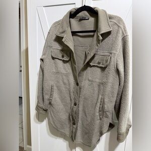 Casual Button-Front Taupe Sherpa Jacket